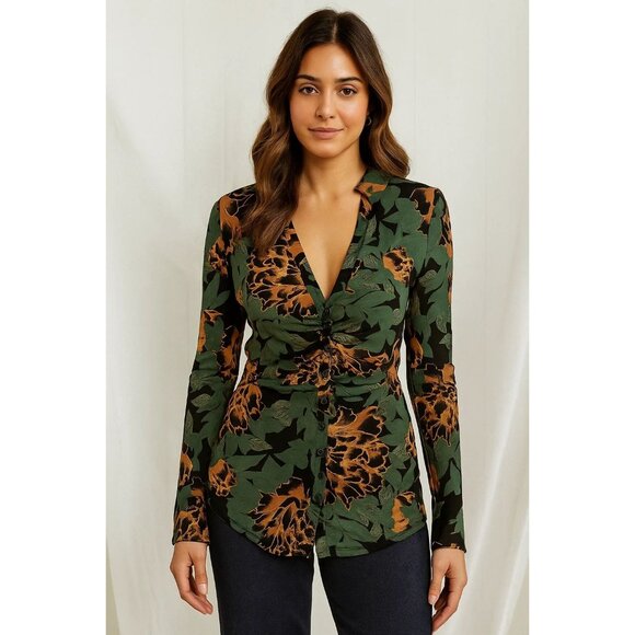 Free People Green & Orange Floral Print Button-Down Blouse - Medium - Picture 1 of 6